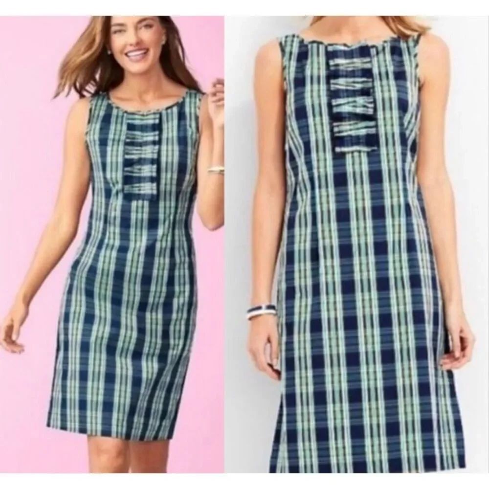 Talbots green blue plaid checkered ruffle neck sheath dress 10p